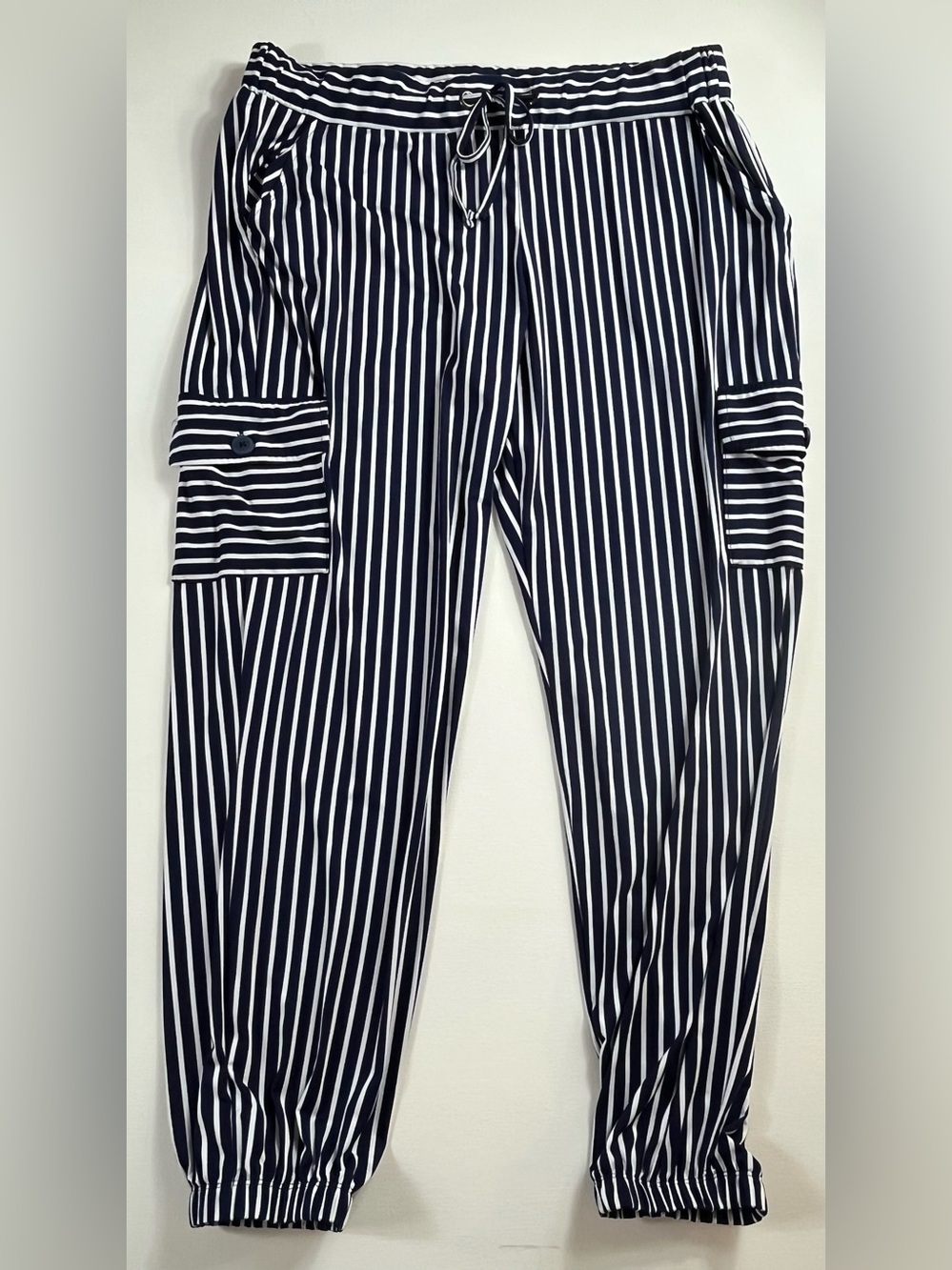 Robert Louis Striped Cargo Jogger Pants Drawstring Navy White Women's Size XL